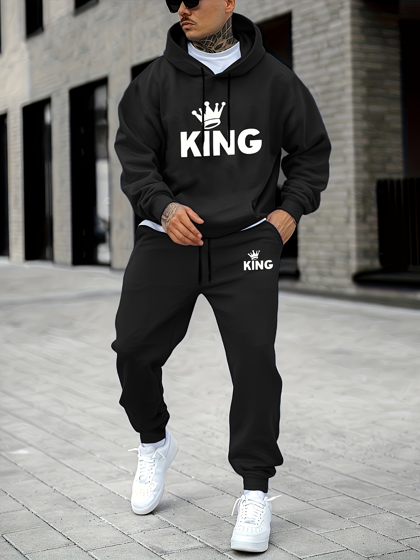 Joggers Pants - Men's KING Crown Print Tracksuit 2‑Piece